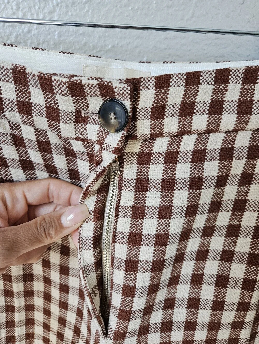 Sezane Martin Gringham Crop Tailored Trouser Size 36 Small 4 In Brown Ecru
